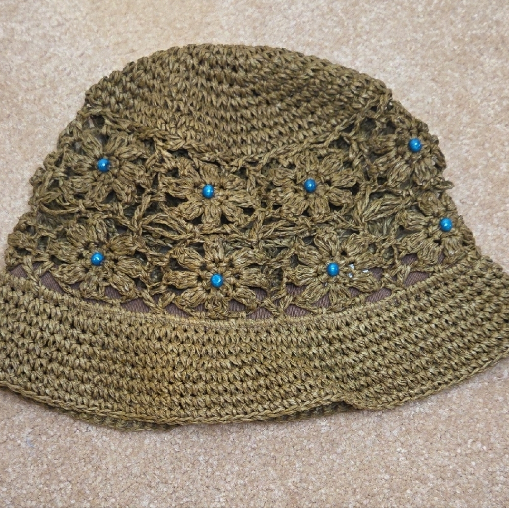 Chic Crochet Hat with Blue Accents